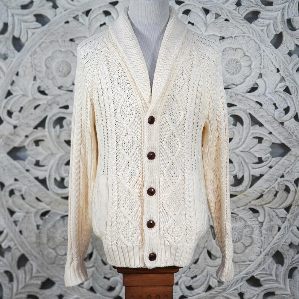 Banana Republic Organic Cotton Cream Cable Knit Shawl Collar Cardigan Sweater M